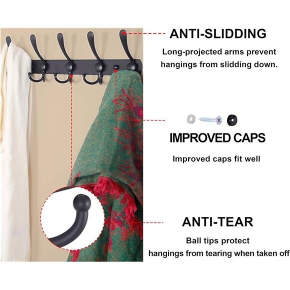 Coat Rack Wall Mounted - 5 Tri Hooks, Heavy Duty, Stainless Steel, Metal - Picture 4 of 14